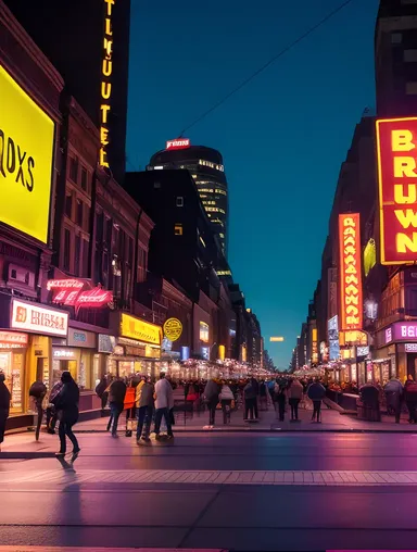 Vibrant City Street at Night with Neon Lights and Street Performers