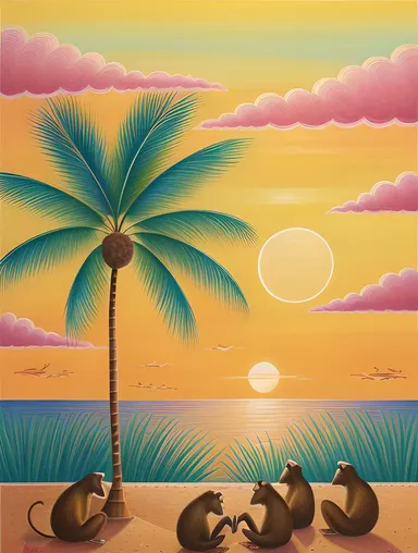 Vibrant Coconut Tree with Copra and Tropical Sunset