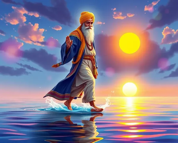 Vibrant Depiction of Guru Nanak Dev Ji Walking on Water PNG Image