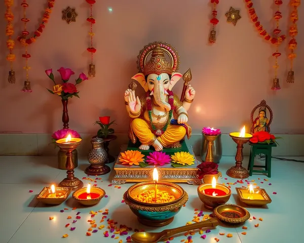 Vibrant Dhanteras Puja Setup with Lord Ganesha Idol