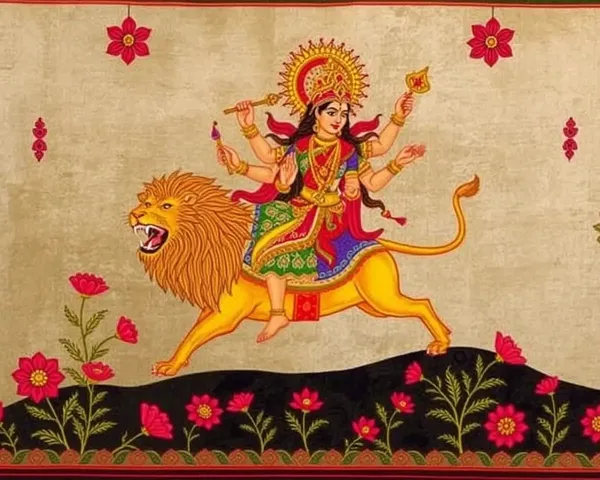 Vibrant Durga Madhubani-Inspired Wallpaper with Lion
