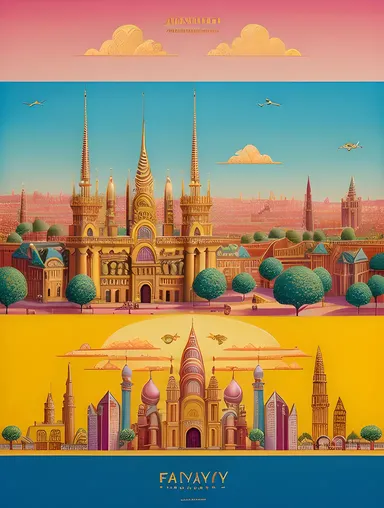 Vibrant Fantasy Cityscape with Gold and Silver Accents