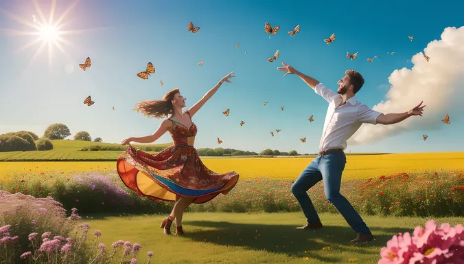 Vibrant Field of Flowers with Girl and Boy's Joy
