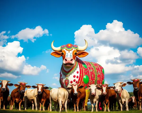 Vibrant Gau Mata with Playful Cows and Bright Blue Sky