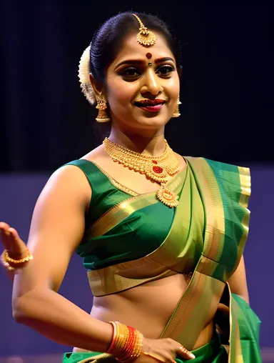 Vibrant Green Sari Dancer Performs Intricate Hand Gesture