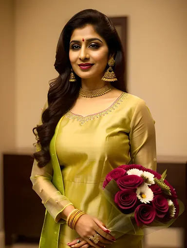 Vibrant Indian Bhabhi with Bouquet of Flowers