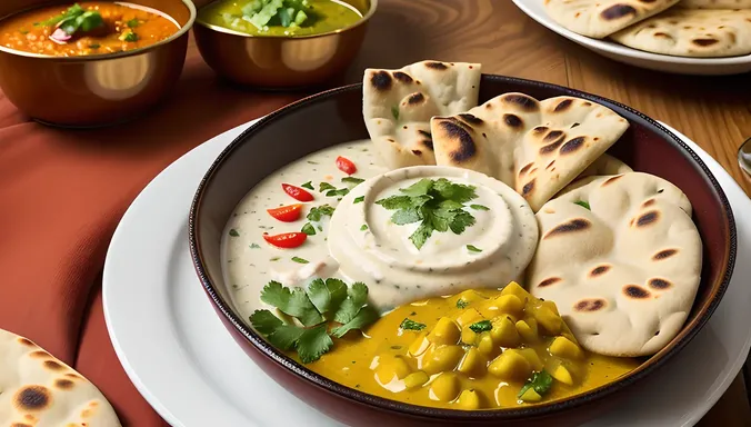 Vibrant Indian Thali with Raita and Naan Bread Images HD