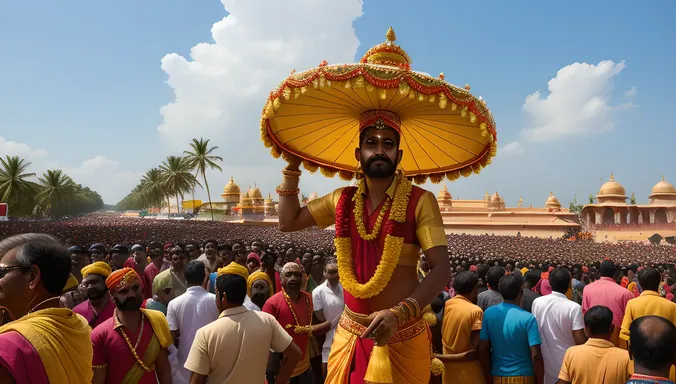 Vibrant Kavadi Procession Against Bright Blue Sky