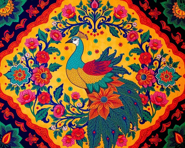 Vibrant Madhubani Peacock Wallpaper with Floral Patterns