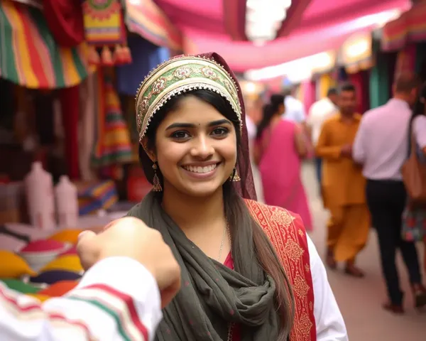 Vibrant Market Scene with Happy Woman Wearing Khakhra PNG