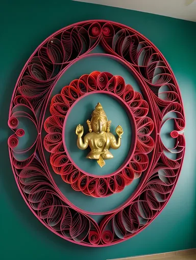 Vibrant Paper Quilled Ganesha Mural with Om Symbol and Swirling Patterns