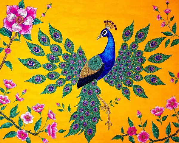 Vibrant Peacock Madhubani Art Wallpaper with Golden Background