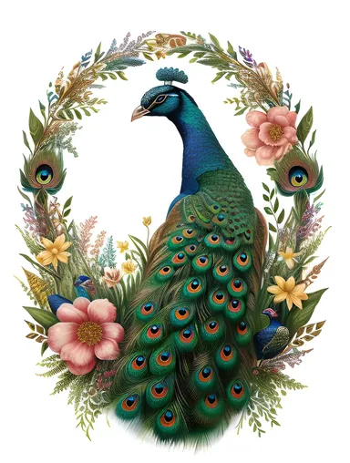 Vibrant Peacock Stone Carving Amidst Flowers