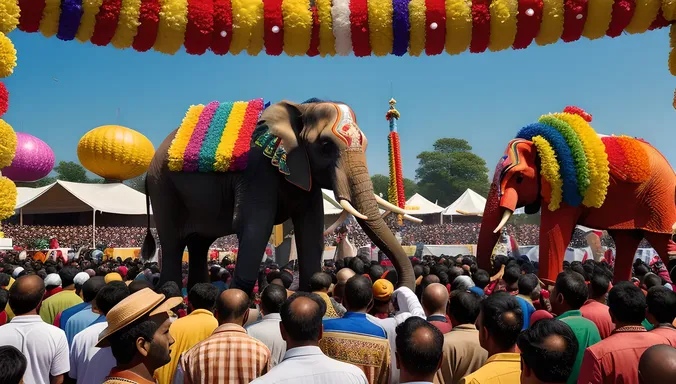 Vibrant Pooram Festival Scene with Majestic Elephant Centerpiece