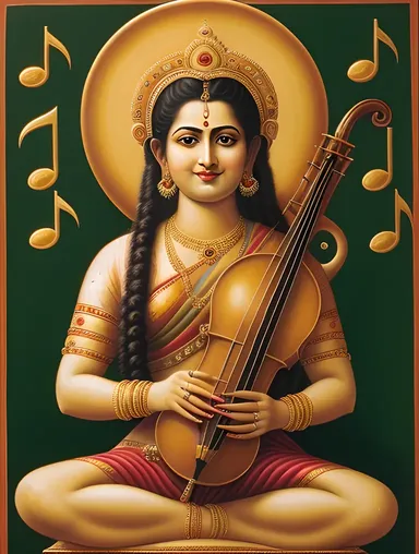 Vibrant Portrait of Saraswati Holding Veena and Flowers