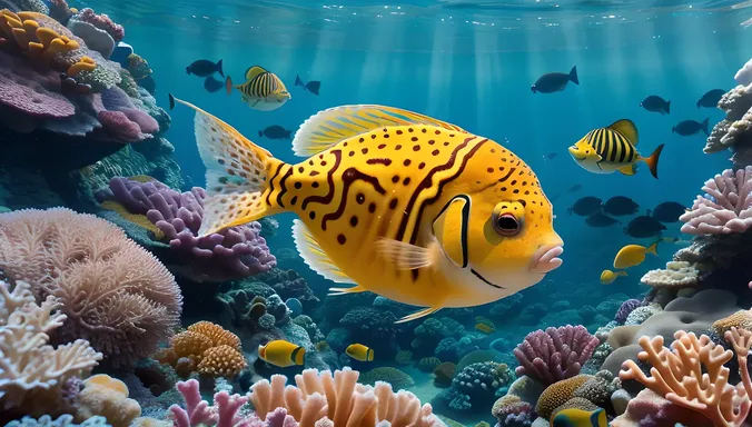 Vibrant Puffer Fish Illustration in Coral Reef Scene