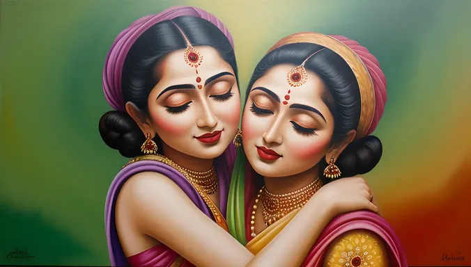 Vibrant Radha Krishna Embrace in Colorful Brushstrokes