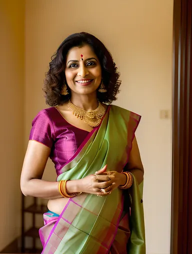 Vibrant Real Indian Bhabhi in Traditional Sari and Namaste