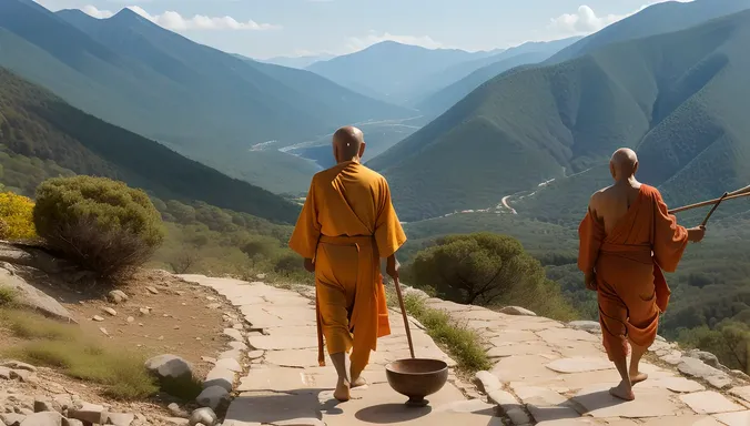 Vibrant Sadhu Walks Mountain Path with Distant Monastery