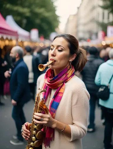 Vibrant Saxy Woman in Street Festival with Saxophone