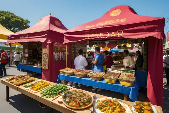 Vibrant Street Festival with Colorful Food Stalls and Happy Crowd