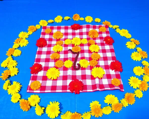 Vibrant Yellow Pookkalam Design on Red and White Cloth
