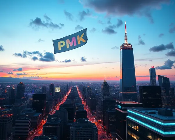 Vibrant pmk banner lights up futuristic cityscape at dusk.