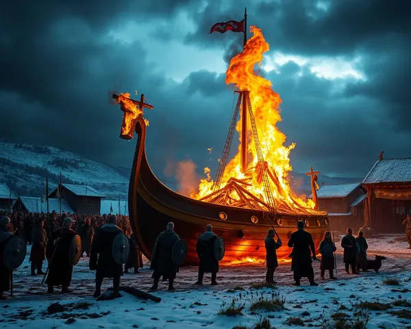 Viking Funeral Pyre with Burning Ship and Procession 4K