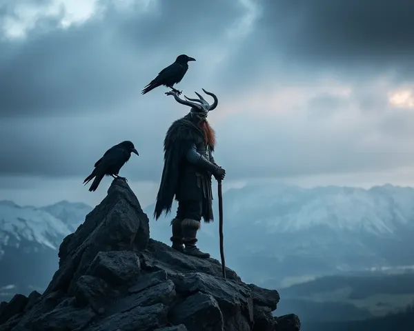 Viking God Odin Standing on Mountain Peak with Ravens