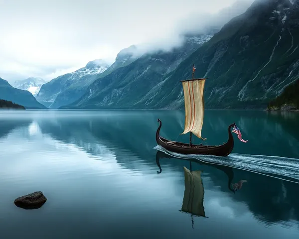 Viking Longship Sailing through Fjord with Mountains and Waterfalls