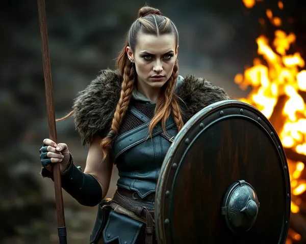 Viking Shieldmaiden Standing Proud by Burning Bonfire 4K