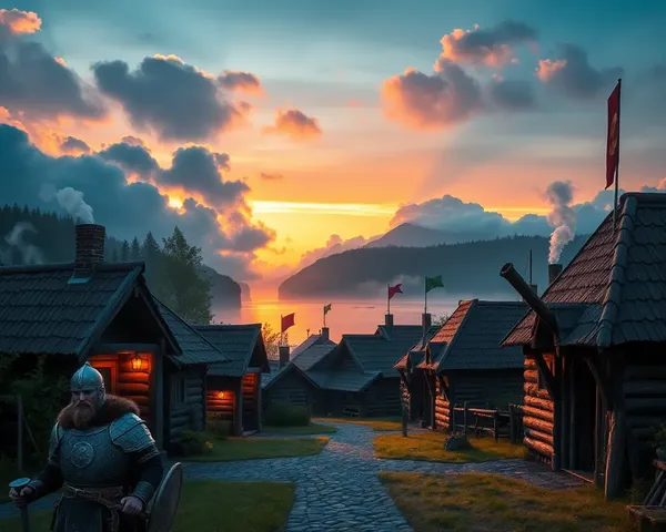 Viking Village Sunset 4K Wallpaper with Fjord and Forest