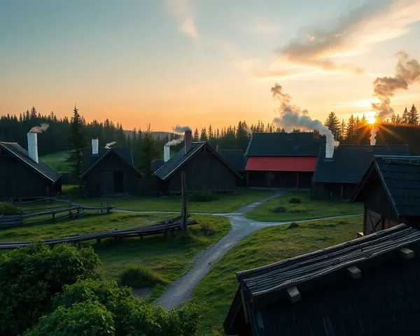 Viking Village at Sunset with Longhouses and Forest
