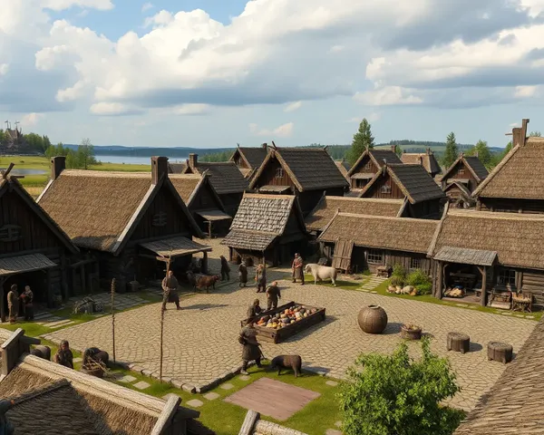 Viking Village in 4K with Wooden Longhouses and Bustling Market