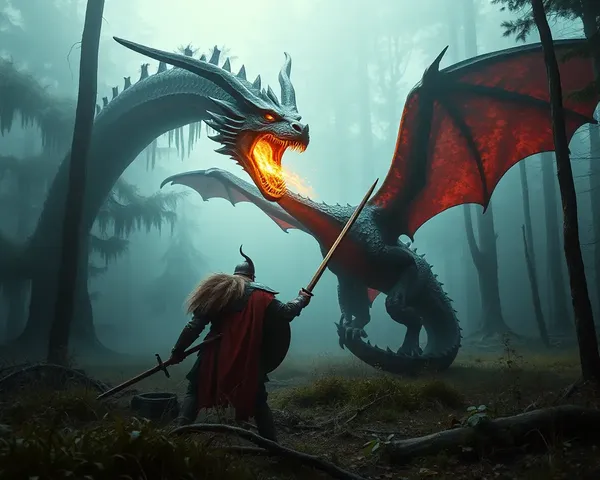Viking Warrior Battling Dragon in Mystical Forest