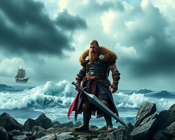Viking Warrior on Rocky Shore with Longship Wallpaper HD