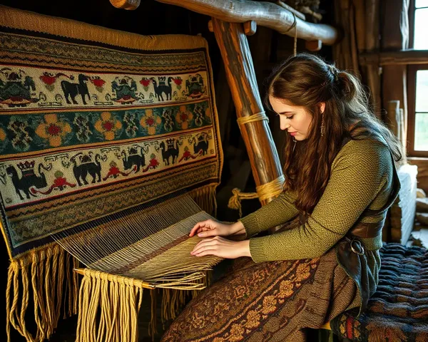 Viking Woman Weaving Tapestry in Longhouse