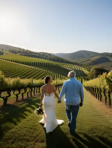 Vineyard Walk Hand-in-Hand Bride Father
