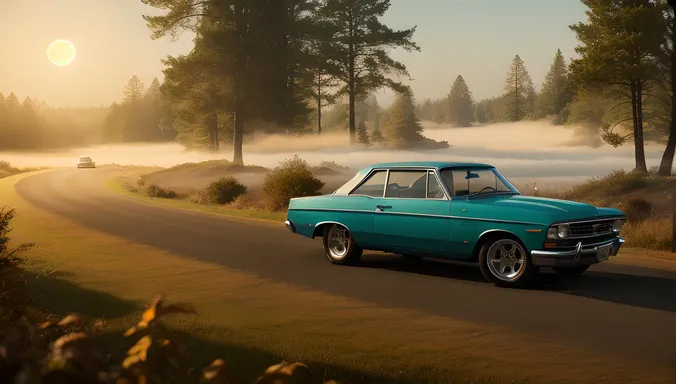 Vintage 3D Car Drives Through Misty Forest at Night