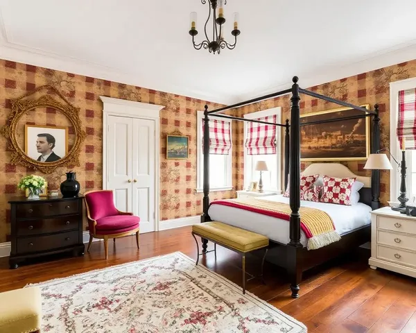 Vintage Bedroom with Distressed Burberry Wallpaper