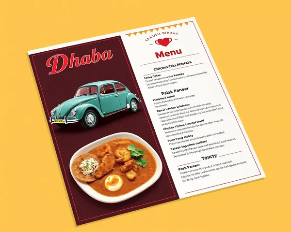 Vintage Car-Themed Dhaba Menu Card with Chicken Tikka Masala and Palak Paneer