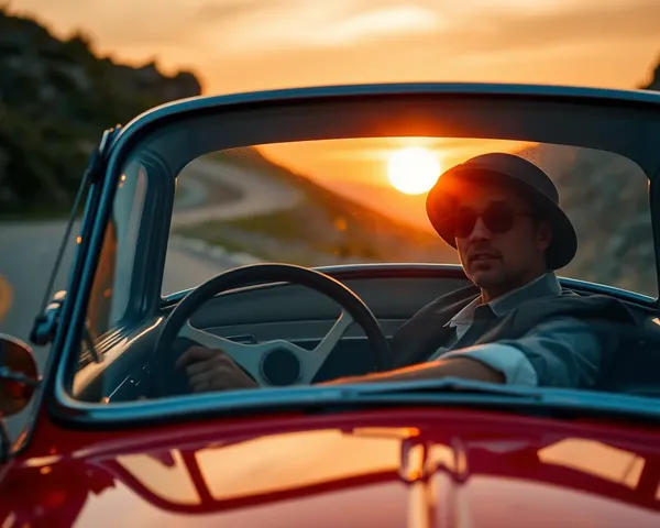 Vintage Gentleman Drives Classic Car with 4K Sunset