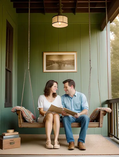 Vintage Girl and Boy Porch Swing Moment with Nostalgic Feel