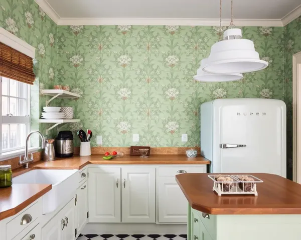 Vintage-Inspired Kitchen with Classic Mint Green Floral Wallpaper