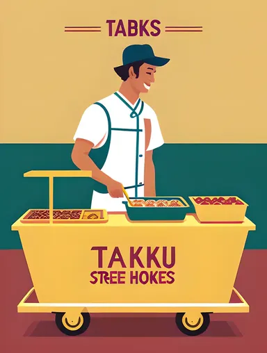 Vintage Takoyaki Cart with Retro-Style Font Images.