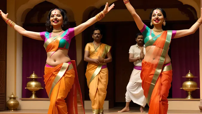 Vyjayanthimala Dancing in Vibrant Orange Sari with Instruments