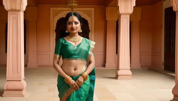 Vyjayanthimala in Stunning Green Sari in Front of Indian Palace