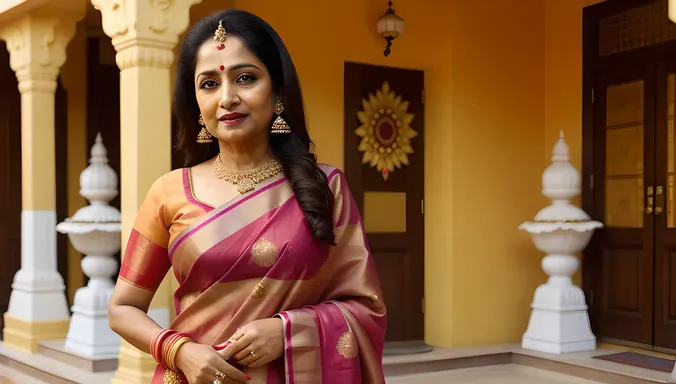 Vyjayanthimala in Traditional Indian Temple Setting with Sari