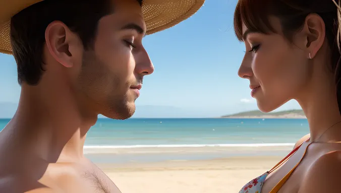 Warm Beach Sunset Kiss Between Boy and Girl