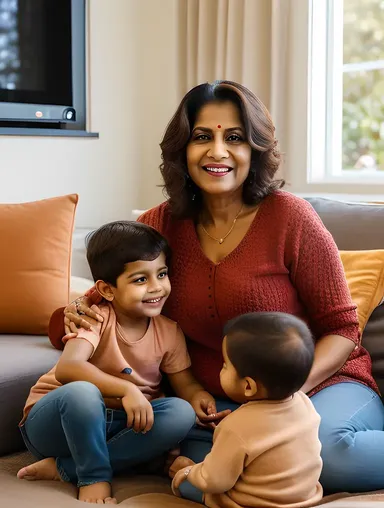 Warm Indian Aunty Surrounded by Grandkids in Cozy Living Room